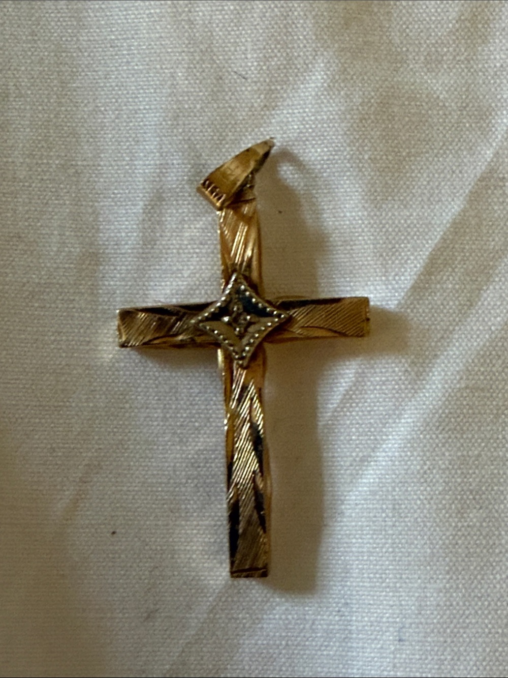 Vintage 14K Gold Two Tone Cross Pendant Starburst Accent